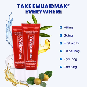 tubos de pomada de primeros auxilios emuaidmax con elementos a base de hierbas y casos de uso