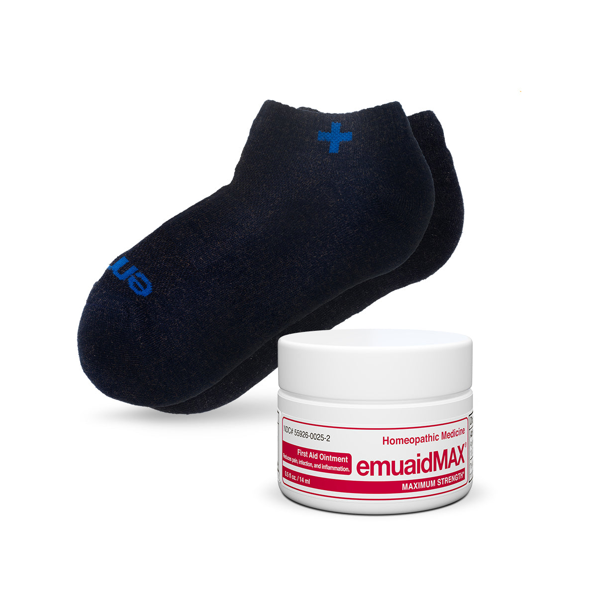 calcetines negros con envase de pomada emuaidmax