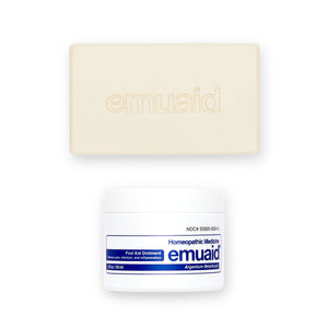 Esta es una foto del EMUAID® Regular First Aid Ointment 2oz y del EMUAID® Therapeutic Moisture Bar.  