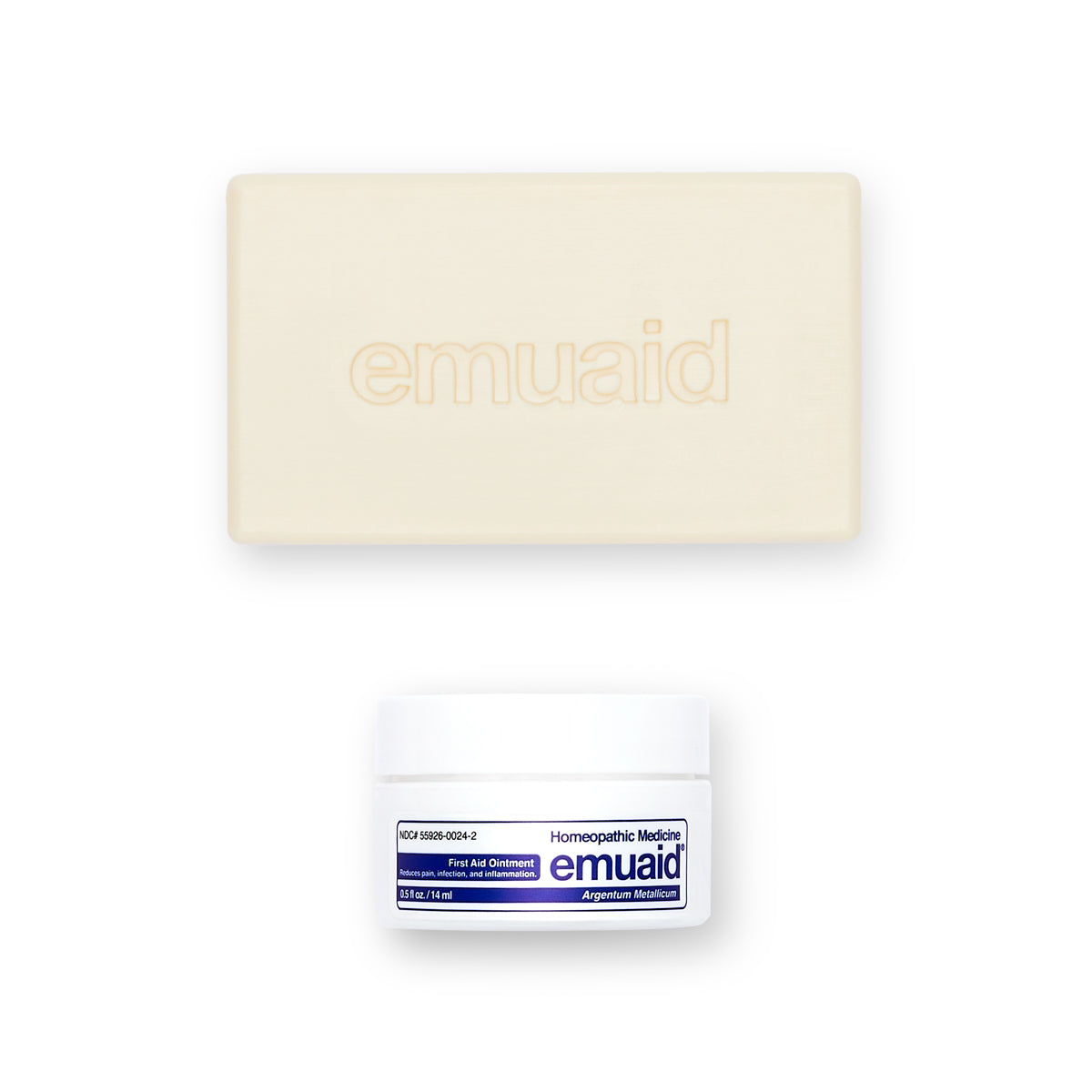 Esta es una foto del EMUAID® Regular First Aid Ointment 0.5oz y del EMUAID® Therapeutic Moisture Bar.  