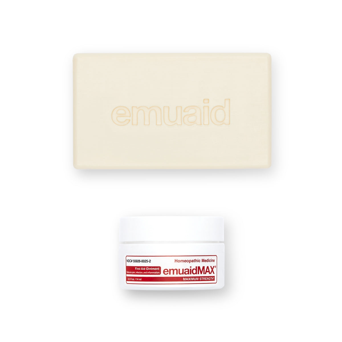 Esta es una foto del EMUAIDMAX® First Aid Ointment 2oz y del EMUAID® Therapeutic Moisture Bar.