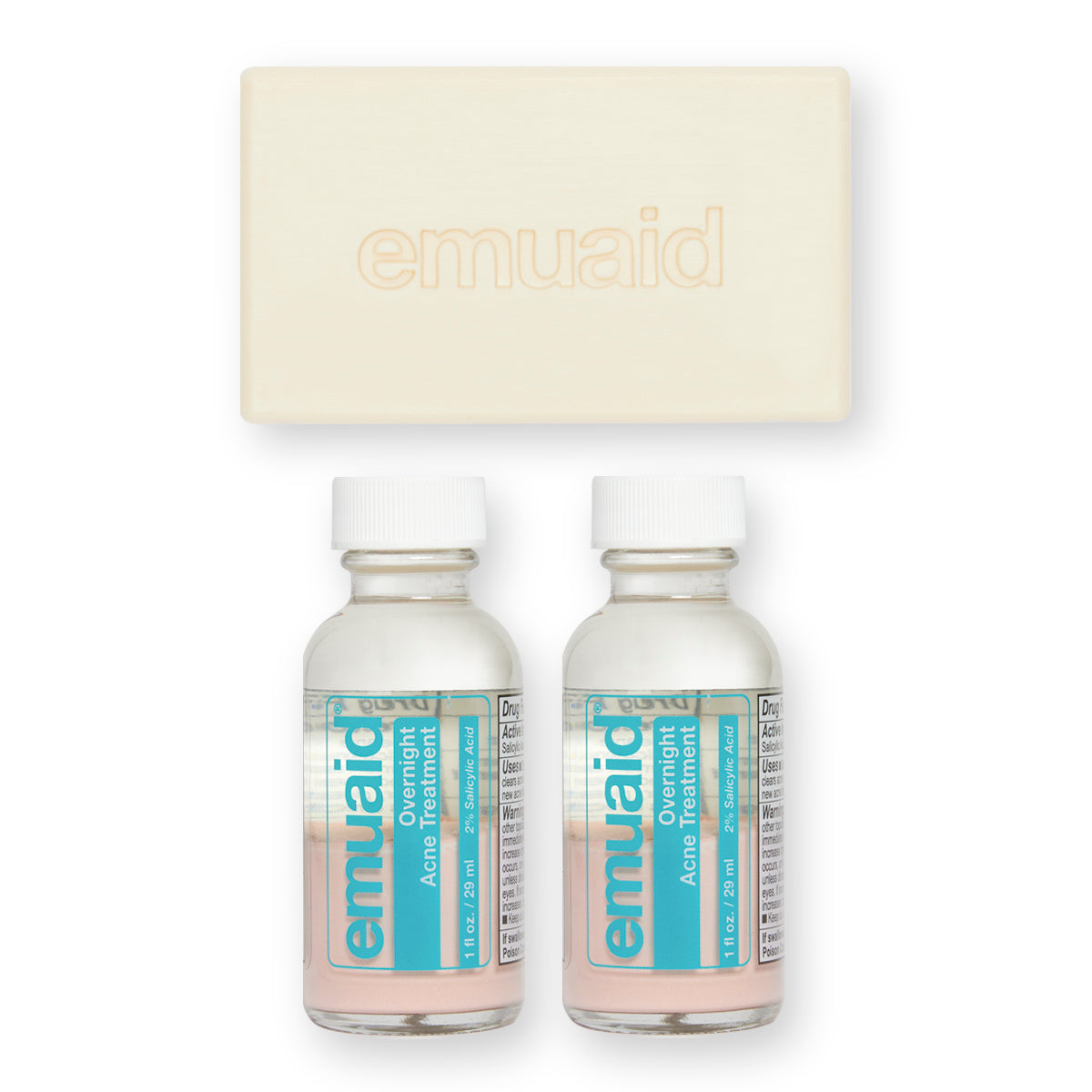 Esta es una foto de 2 botellas de EMUAID® Overnight Acne Treatment y de la EMUAID® Therapeutic Moisture Bar.